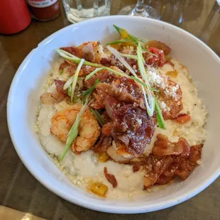 Today&apos;s special, shrimp and grits. Possibly the creamiest grits I&apos;ve ever had... absolutely superb.