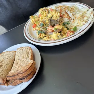 Veggie omelet scrambled.