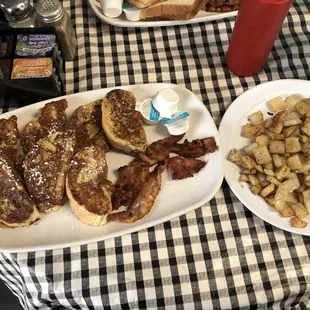 French toast, bacon and home style potatoes