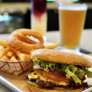 a cheeseburger and onion rings