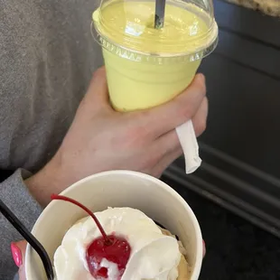 Lemon chiffon shake and salted pretzels hot fudge sundae