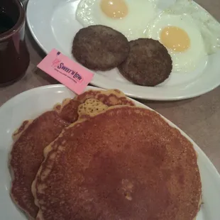 HUGE moist &amp; fluffy pancakes, 2 eggs &amp; sausage. Very satisfying!