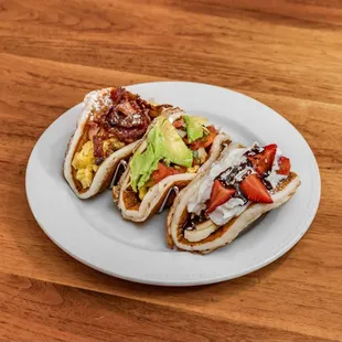 Sweet Pancake Tacos,  Savory Pancakes Tacos and California Pancake Tacos