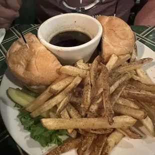 French dip with onions and provolone with fries