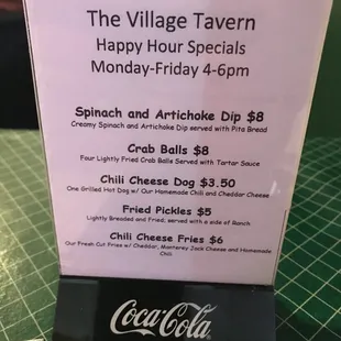 the menu for the village tavern
