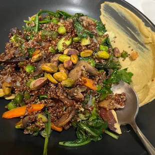 Spring quinoa with homemade pistachio hummus