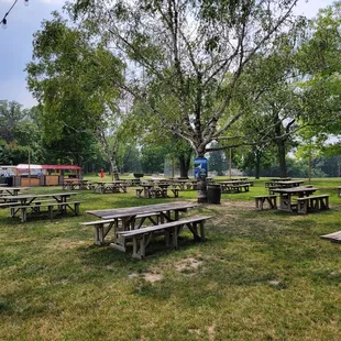 picnic tables in a park
