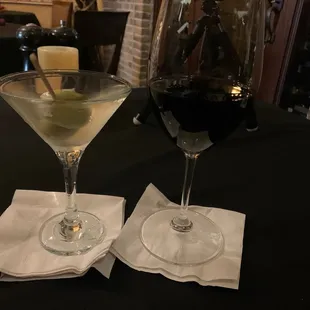Blue olive martini and Merlot