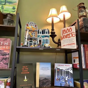 LEGO building amongst books