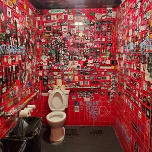 a toilet with a lot of stickers on the walls