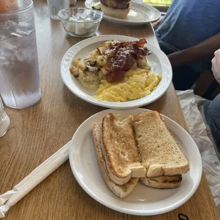 Texas burger (top); bacon, eggs, hash &amp; toast (bottom)