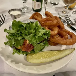 My valley burger. Hold the bun. Loved the onion rings!