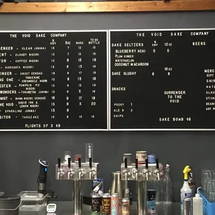 Types of sake and ABV and prices.