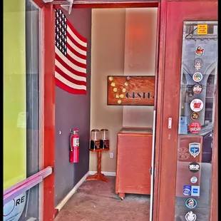 an american flag in the doorway