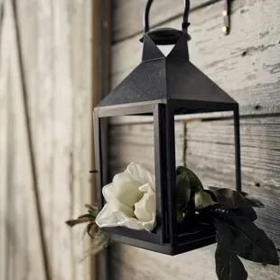 Reclaimed barn wood and lantern