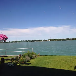 a view of a lake and a lamp post