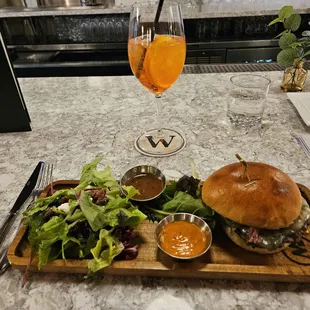 Bacon and Blue burger with side salad