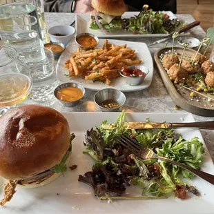 Burger, salad, fries and their elote app - all very tasty!