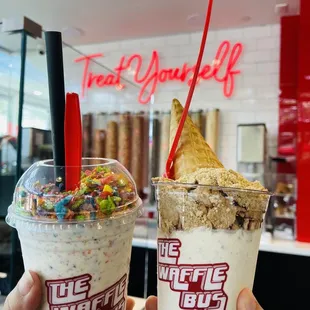 Fruity Pebbles Milkshake &amp; Cinnamon Toast Crunch ice cream with waffle cone