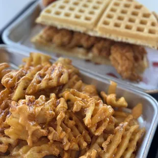 a chicken and waffle sandwich