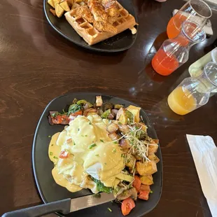Florintine eggs Benedict, chicken and waffles, mimosa flight