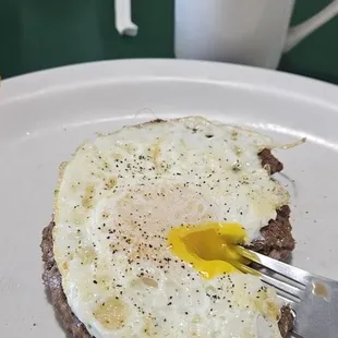 Hamburger patty with over medium egg #perfect