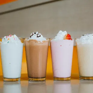 Vanilla, Chocolate, Strawberry, and Coffee Milkshakes
