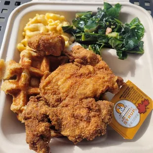 2 Legit plate. Pounded fried chicken: thigh meat, skinless, with batter. Waffle, mac n cheese, collard greens. $13.75