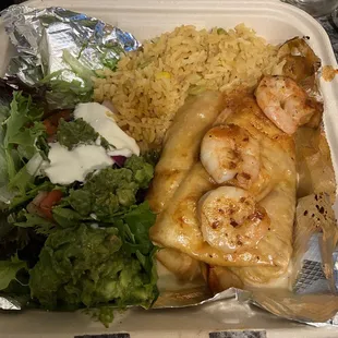 Chicken &amp; Shrimp Chimichanga with small guaca salad. (one of their Dinners Specials)