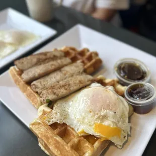 Waffle Bot 2000 Fuel Source with chicken sausage and eggs