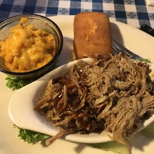 The pulled pork platter with cornbread and mac and cheese