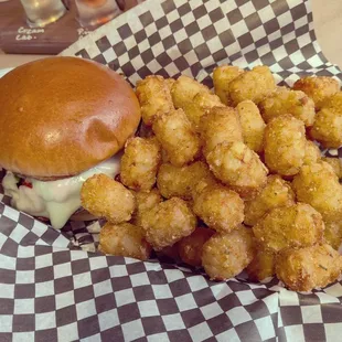 Portabella Burger with tots