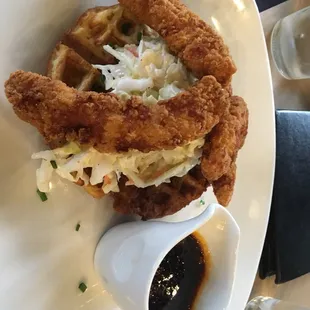Southern fried chicken, Cole slaw, jalapeño waffle