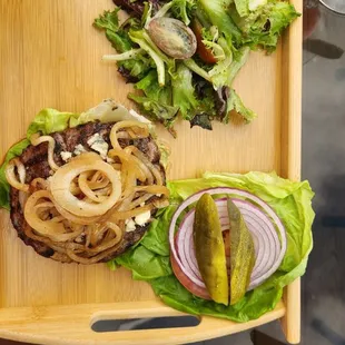 Ground short rib burger, no bun and a salad. Tasty!