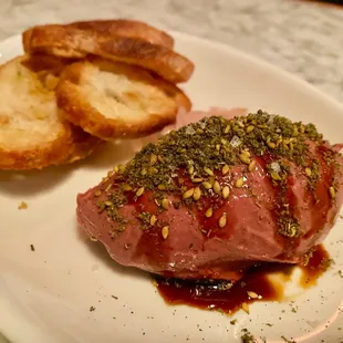 Chicken Liver Mousse (pickled shallot, za&apos;atar, pomegranate molasses, crostini)