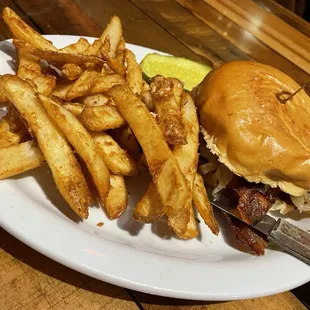 Walrus Fries &amp; Maple Burger + sautéed onions