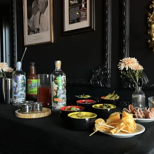 a table of food and drinks
