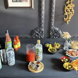 a table of food and drinks