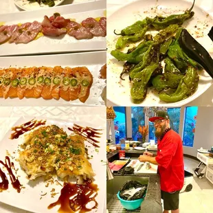 Sashimi, shishito peppers, baked Chilean sea bass