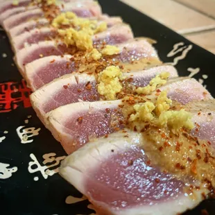 Seared blue fin tuna with ginger sauce