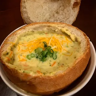 Homemade cheddar broccoli bread bowl.  Make it at home.  Forget ordering out.