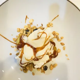 Fruit, salted caramel, fresh whipped cream