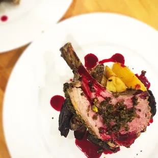 Lamb chop, pistachio gremolata, sweet potato, beet reduction