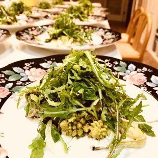 Roasted vegetable salad (romanesco, Tokyo turnip, carrot) fennel, arugula, green olives, ricotta and balsamic