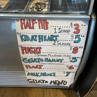 Gelato menu