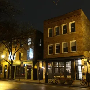 Evening view of Warbler and Gather, two adjacent but separate restaurants under the same ownership.