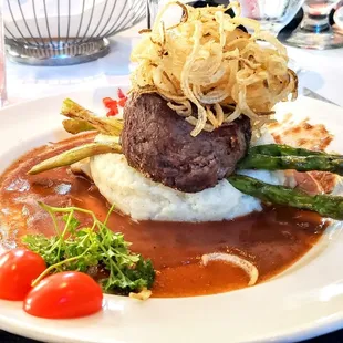 Grilled Filet Mignon- 7 oz. filet on smashed potatoes with bordelaise sauce and fresh asparagus. I finished the whole plate! So good!