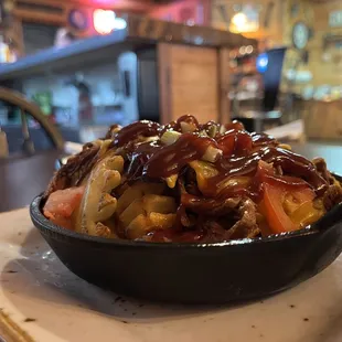 Waffle fries with brisket and BBQ