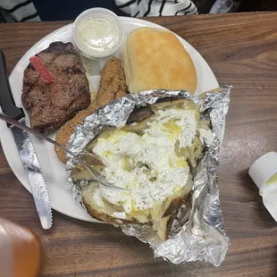 Steak and baked potato.
