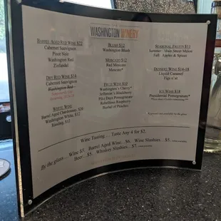 the menu for the wine tasting